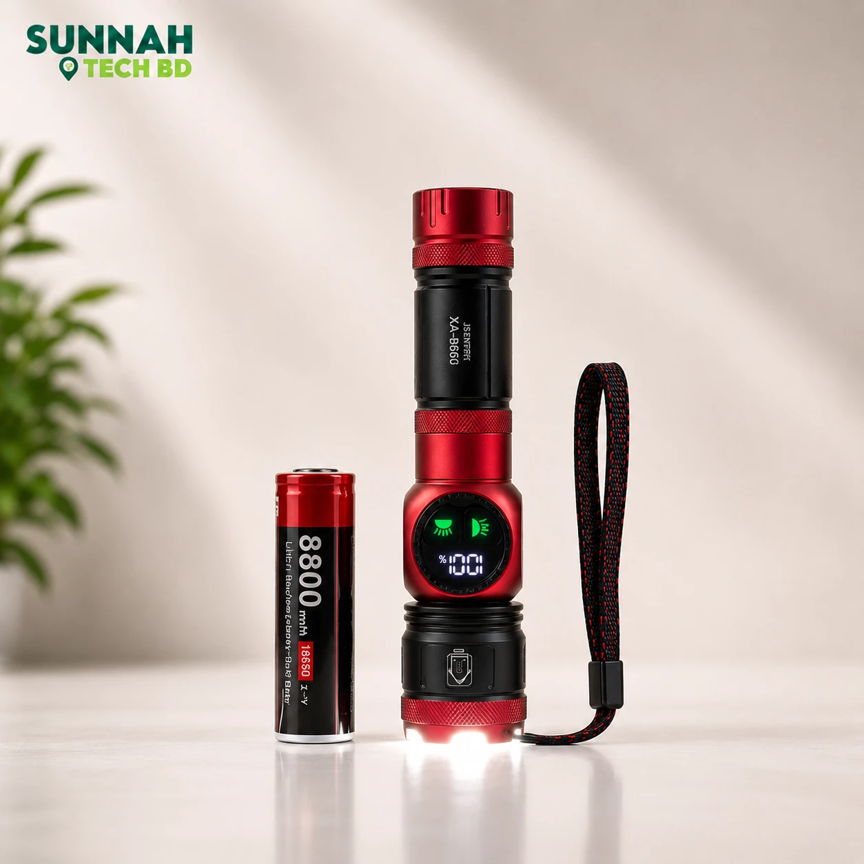 XA-B606 Aluminum Alloy Rechargeable Handheld Long Range Flashlight with Strong LED Light, Adjustable Zoom + Side LED Light, Lighting Modes, Digital Battery Indicator, and Strap